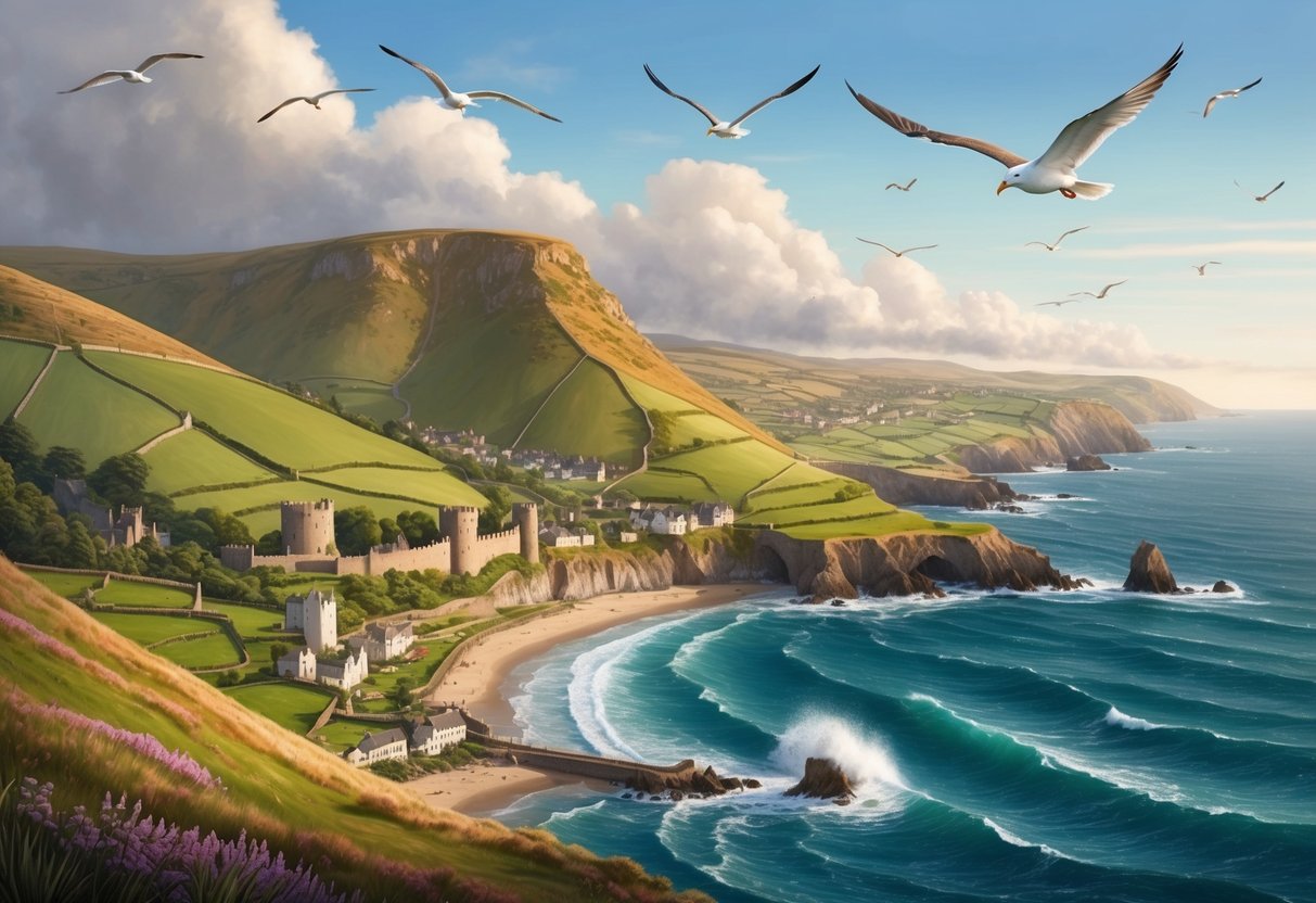 Rolling hills meet the rugged coastline, dotted with ancient castles and charming villages. The sea crashes against the cliffs as seabirds soar overhead