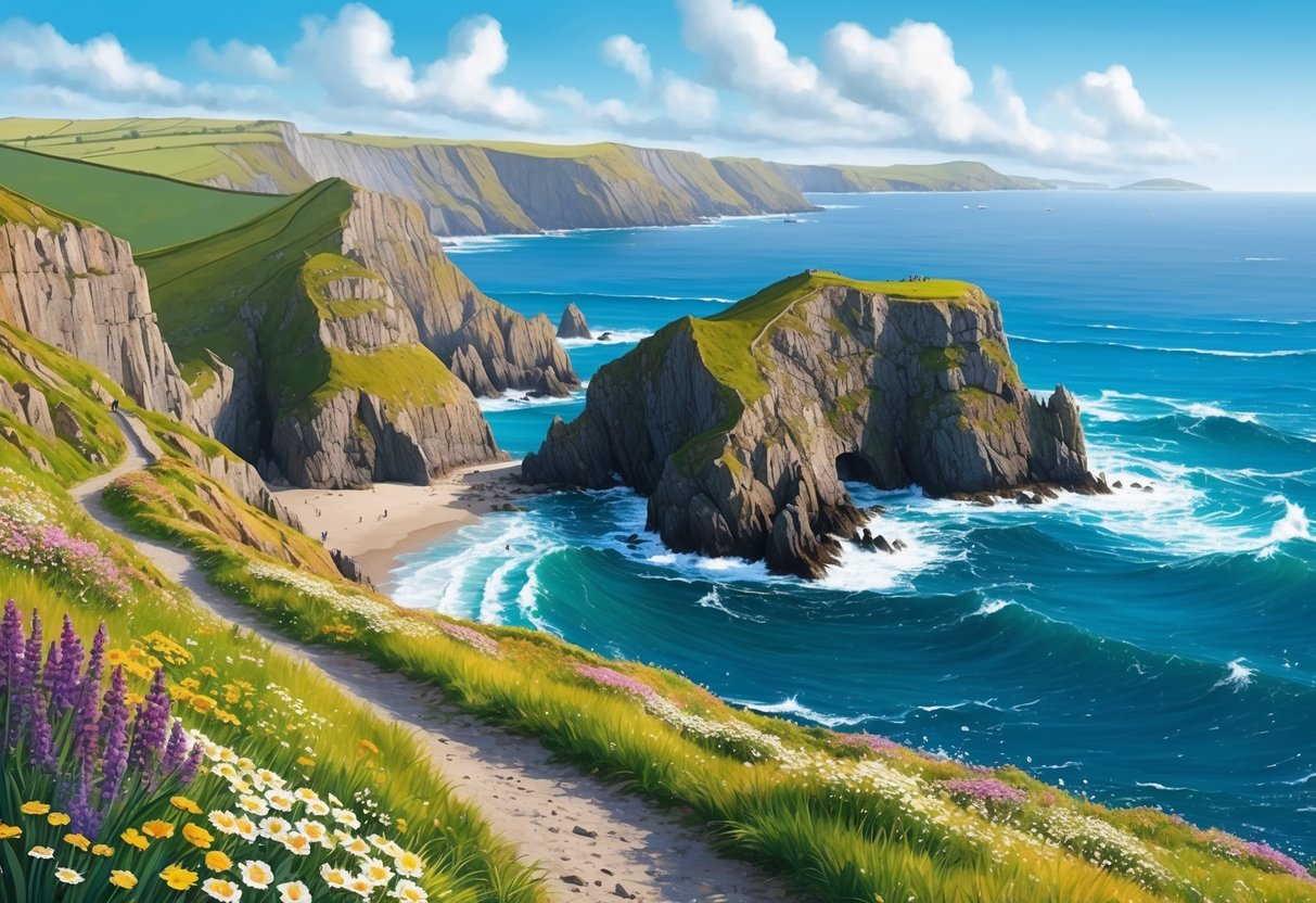 The rugged cliffs of Pembrokeshire Coast stretch out to meet the crashing waves of the Atlantic Ocean, while colorful wildflowers dot the coastal path