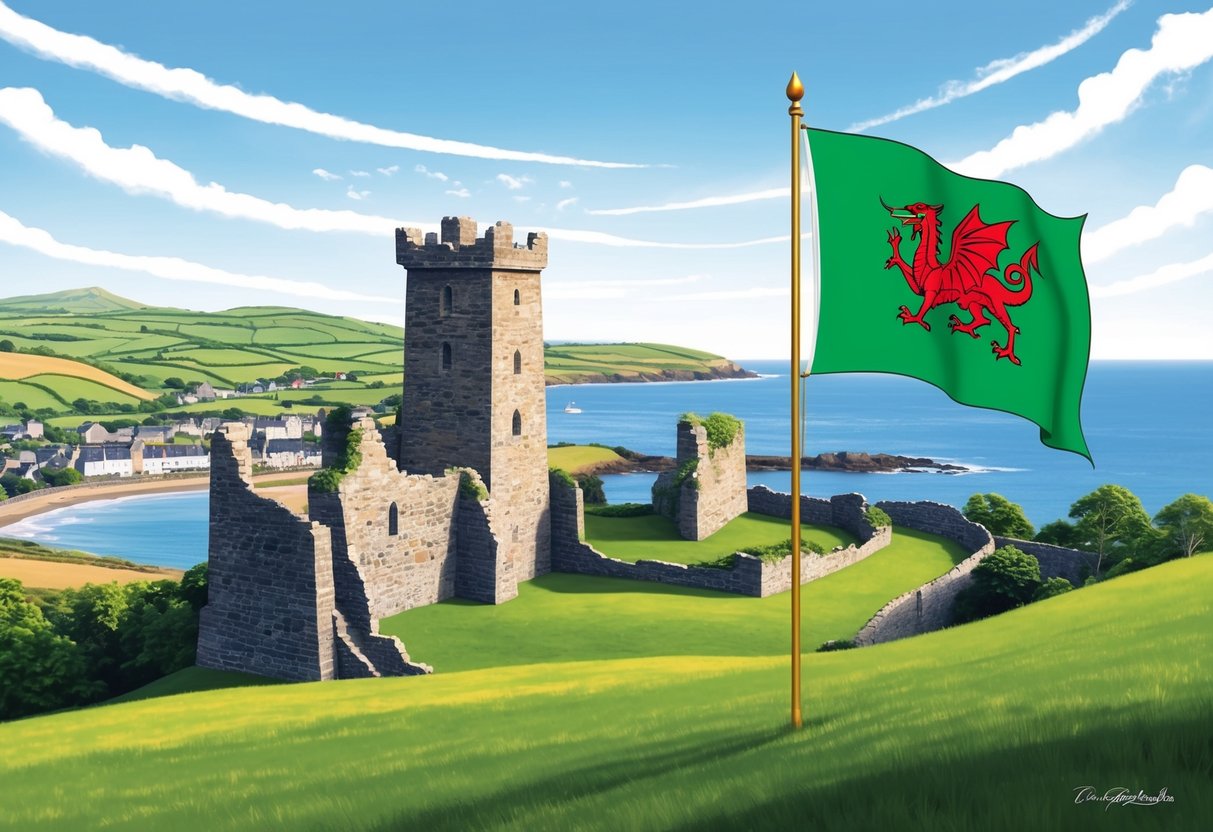 A picturesque castle ruins overlook a coastal village with rolling green hills in the background. A traditional Welsh flag flutters in the breeze