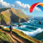 A windswept coastal cliff with crashing waves, a hiker navigating a rugged trail, and a colorful paraglider soaring over a lush valley